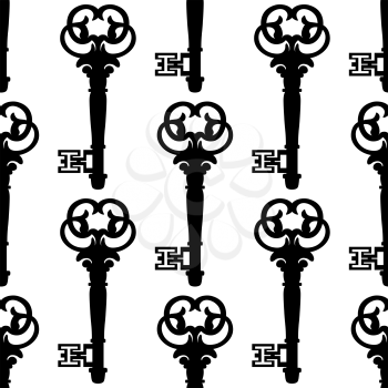 Seamless background pattern of antique keys with a black and white repeat vector motif in square format