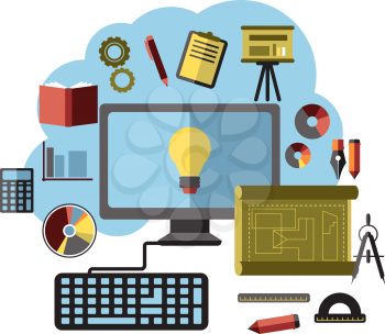 Online business ideas, inspiration and research flat concept with computer surrounded by icons depicting analysis, accounting, maths, presentation, gear, DVD, paperwork and books for brainstorm