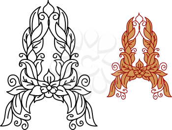 Letter A in floral and foliate font with swirling vine tendrils for organic, eco and medieval design. Black vector outline and a red brown color variation
