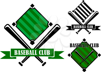 Baseball club emblems or badges showing a sports field and crossed bats in three different designs with text Baseball Club on each, vector illustration on white