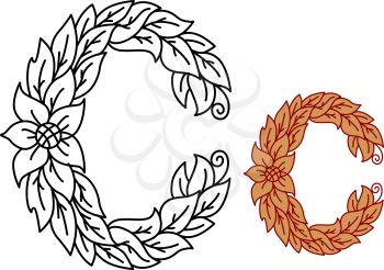 Floral and foliate alphabet letter C with leaves and curling tendrils for a natural organic or medieval font in black outline and red brown variations
