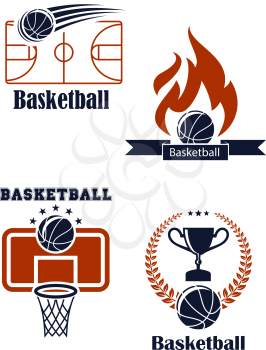 Basketball sport symbols with basketball balls, empty field, basket, board, fire, trophy cup and laurel wreath for sporting design