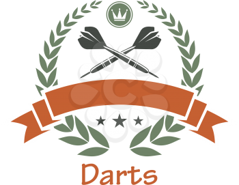 Darts sports heraldic emblem with darts, laurel wreath, banner, crown, stars for sport, heraldry or logo design