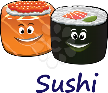 Japanese seafood and sushi in cartoon style, suitable for restaurant and food industry