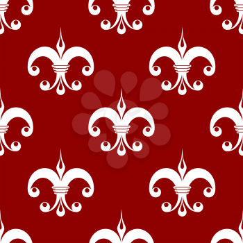 Seamless floral fleur-de-lis royal white lily pattern, isolated  on red colored background. For wallpaper, tiles and fabric design