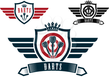 Darts sporting emblems, labels or icons with wings, arrows, ribbon banner, crown and text – Darts, for sport logo and recreation  design 