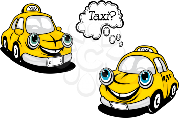 Cartoon taxi car with comics speech bubble and text – Taxi. For transportation service design