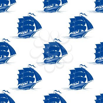Seamless pattern of medieval sailing ship for marine or travel design