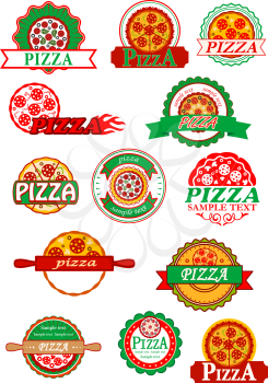 Fresh italian pizza labels, banners and emblems with pizza, cheese, mushrooms and salami for  fast food logo, cafe and restaurant