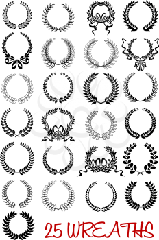 Round laurel wreaths icons with ribbons and laurel branches in retro heraldic style isolated on white. For awards and anniversary or heraldry decoration