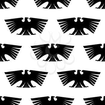 Seamless pattern of black silhouetted imperial eagle with long wing feathers and tail isolated on white for heraldic design