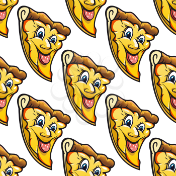 Yellow seamless pattern of cute happy cartoon character of cheesy salami pizza slice with red sticking salami tongue  designed for fast food design