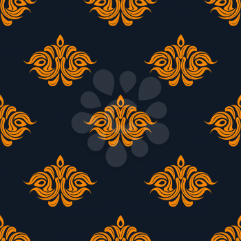 Arabesque damask style seamless pattern with repeat floral motifs in orange on a navy blue background suitable for fabric and wallpaper design
