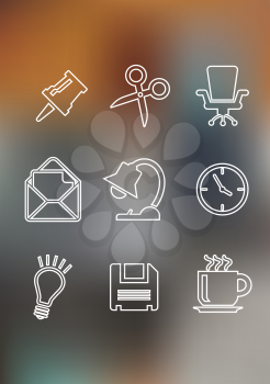 Set of flat office icons including a thumb tack, scissors, chair, mail, lamp, clock, light bulb, floppy disk and a cup of tea for web design