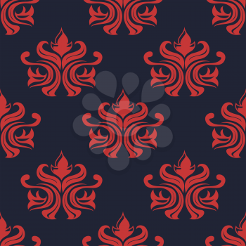 Seamless red colored floral arabesque pattern with damask style motifs suitable for wallpaper, tiles and fabric design isolated over bue background