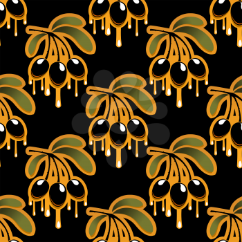 Seamless background pattern of a repeat motif of golden olive oil dripping from bunch of black olives isolated on black background and suitable for food and agriculture industry