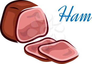 Pieces of fresh red ham with text isolated over white background in horizontal format for healthy diet design