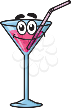 Cartoon happy cocktail character with straw, face, smiling mouth and eyes