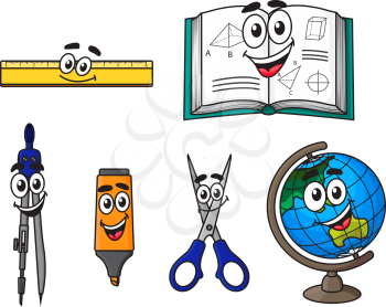 Happy cartoon school supplies with globe, book, scissors, ruler, marker and compasses