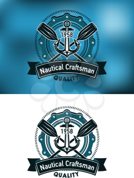 Nautical craftsman emblem with anchor, porthole, paddles and ribbon for marine design