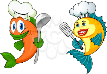 Cartoon happy fish characters with chef toque, spoon ans spatula