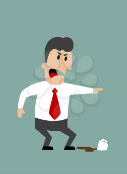 Angry boss or businessman yelling and pointing with spilled cup of coffee at feet. Flat design