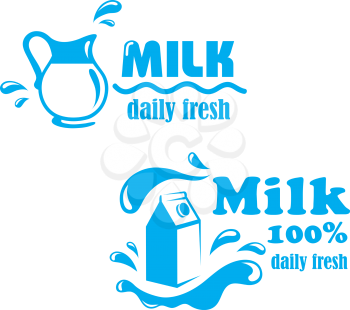 Fresh farming milk emblem or logo symbol with jug, package and text Milk 100 percent Daily Fresh,  suitable for food and agriculture design