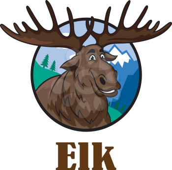 Cute funny cartoon smiling moose or elk with a big horns and mountain landscape. For wildlife design