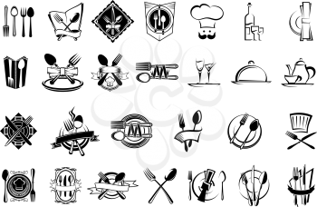 Food, restaurant and silverware icons, logo, emblems or symbols set. Цith fork, spoon,  napkin, plate, knife, cook chef hat,  wine bottle, glass, cup, dish and teapot