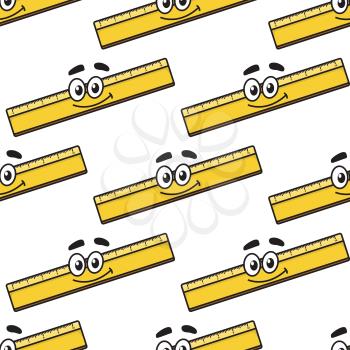 Cartoon ruler seamless background pattern with a happy smiling face in a repeat diagonal motif in square format, vector illustration