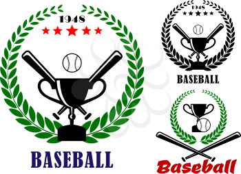 Baseball badges or emblems logo in three designs incorporating a laurel wreath, crossed bats, ball and trophy, vector illustration on white