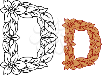 Uppercase letter D in a floral and foliate design with flowers and entwined leaves for organic, bio or eco concepts uncolored and in brown, vector illustration isolated on white