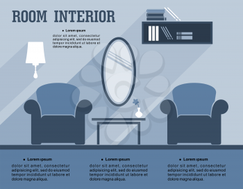 Room interior infographic template showing a living room decor with armchairs, a mirror, lamp, bookcase and table with copyspace for text in shades of blue, vector illustration