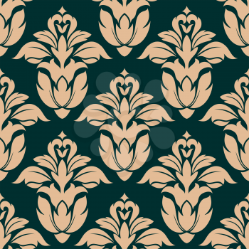 Retro floral seamless pattern with beige flowers on green background, square format