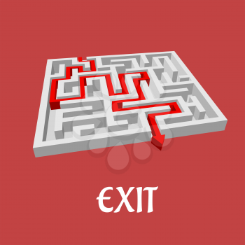 Vector labyrinth or maze puzzle with a red arrow showing the solution and the word Exit below