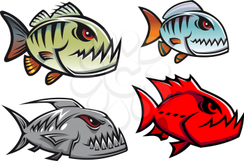Cartoon olorful pirhana fish characters with sharp jagged teeth in different designs, vector illustration