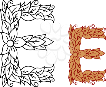 Uppercase letter E in a floral and foliate design with flowers and entwined leaves for organic, bio or eco concepts, black and white and in brown, vector illustration isolated on white