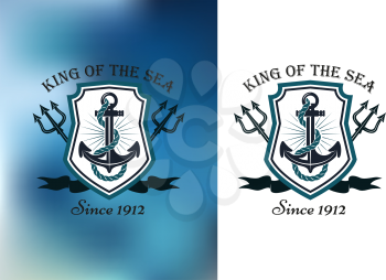 King Of The Sea nautical themed badge or logo showing a ships anchor in a frame with crossed tridents on a white and blurred blue background, vector illustration