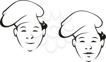 Smiling young chef character in a toque black and white doodle sketch with two different variations of his expression