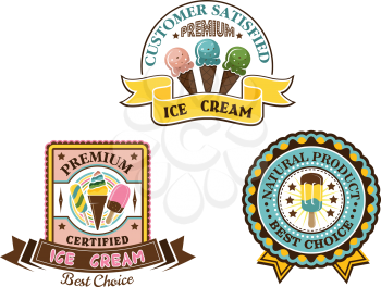 Ice cream badges and labels in circular and square frames showing ice lollies and cones with various text, vector illustration on white