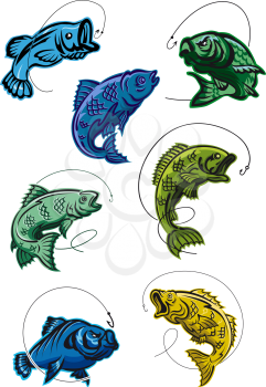Set of colored deep-sea fish leaping on a hook and line, cartoon vector illustration