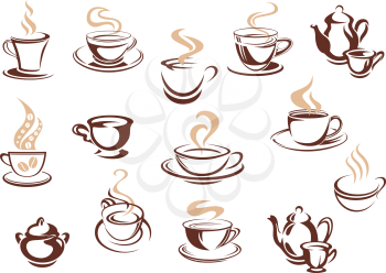 Large set of doodle sketch coffee icons in brown and white with steaming cups and mugs of coffee in various shapes, vector illustration on white. For cafe, restaurant or menu design