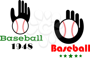 Baseball icons or emblems with people hand showing a ball in a glove with text  Baseball  and either a date or stars, vector illustration on white