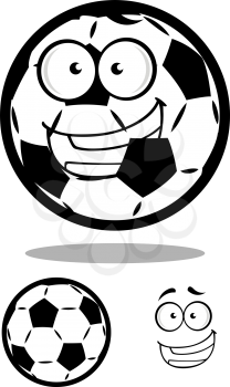 Happy cartoon soccer ball or football character in black and white with and without a smiling face, vector illustration on white