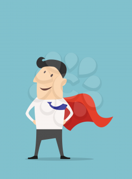 Cartoon businessman Super Hero with a red cape flying out behind him and a happy smile, vector flat illustration on blue