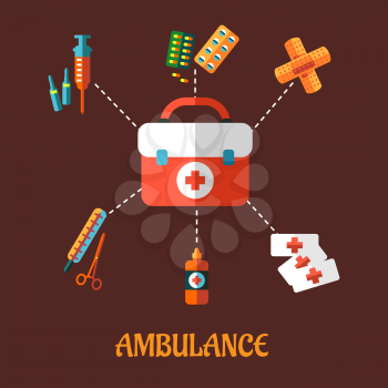 Ambulance concept with a vector flat icons of a first aid kit surrounded by its contents  plasters, medication, forceps, syringe and tablets depicting healthcare. For medicine and infographic design