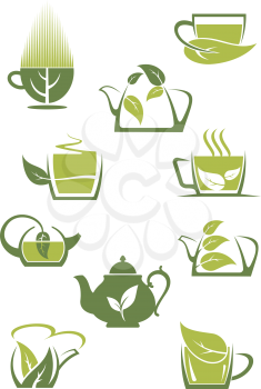Green or herbal tea icons set showing cups, mugs and teapots entwined with green organic or bio leaves, vector illustration on white