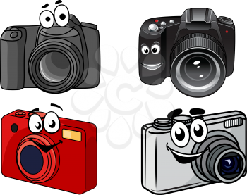 Cartoon digital cameras showing point and shoot, compact and professional dslr with smiling faces, vector illustration on white