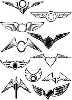 Heraldic emblems set with wings for aviation, heraldry and tattoo design