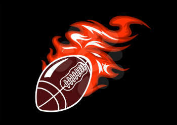 Flaming rugby ball speeding through the air with a motion trail of flames, vector illustration on black